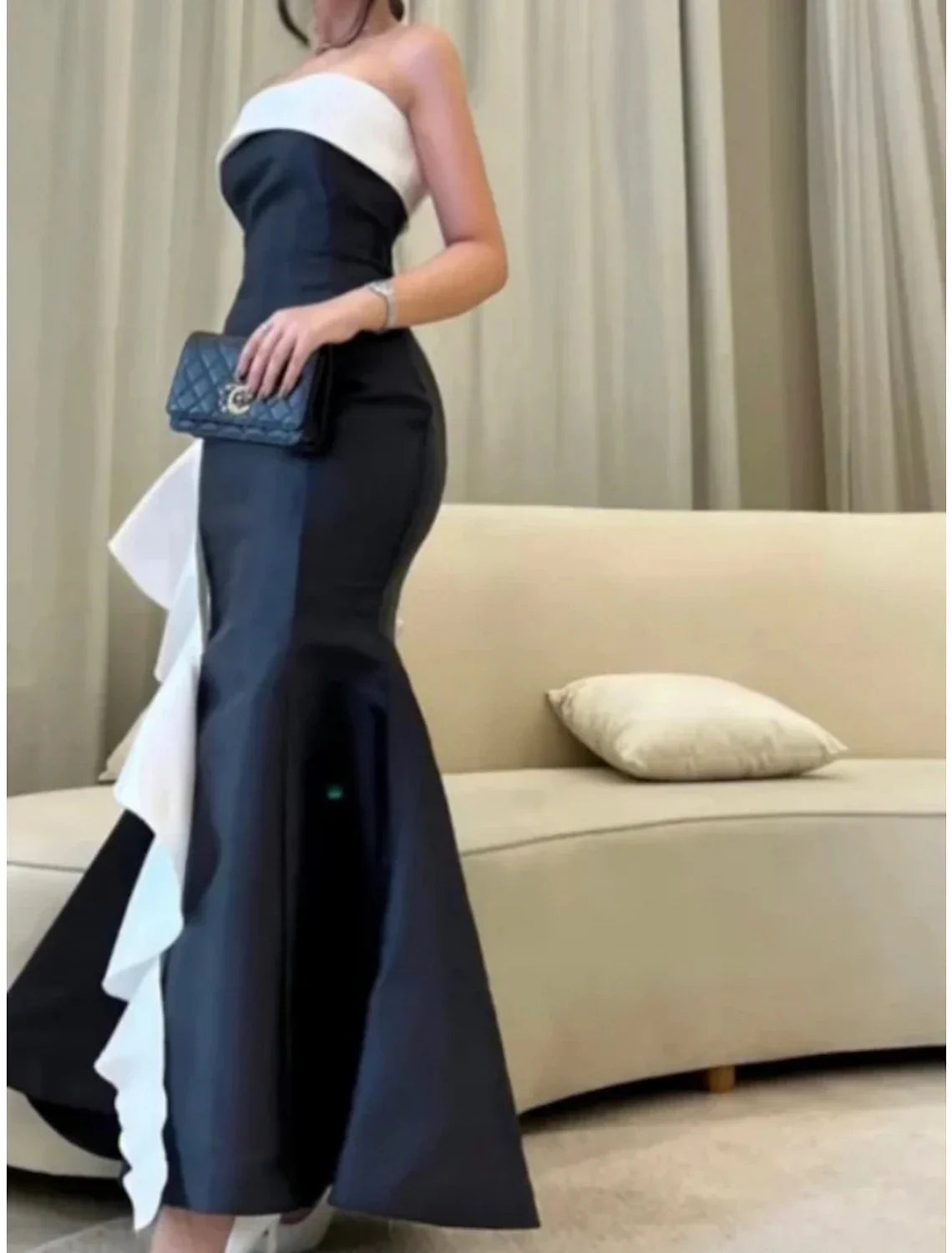 Black Evening Gown Elegant Dress Formal Ankle Length Dress Sleeveless Strapless with Ruffles