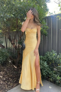 Mustard Yellow Spaghetti Strap Ruched Bust High-Slit Satin Maxi Evening Dress