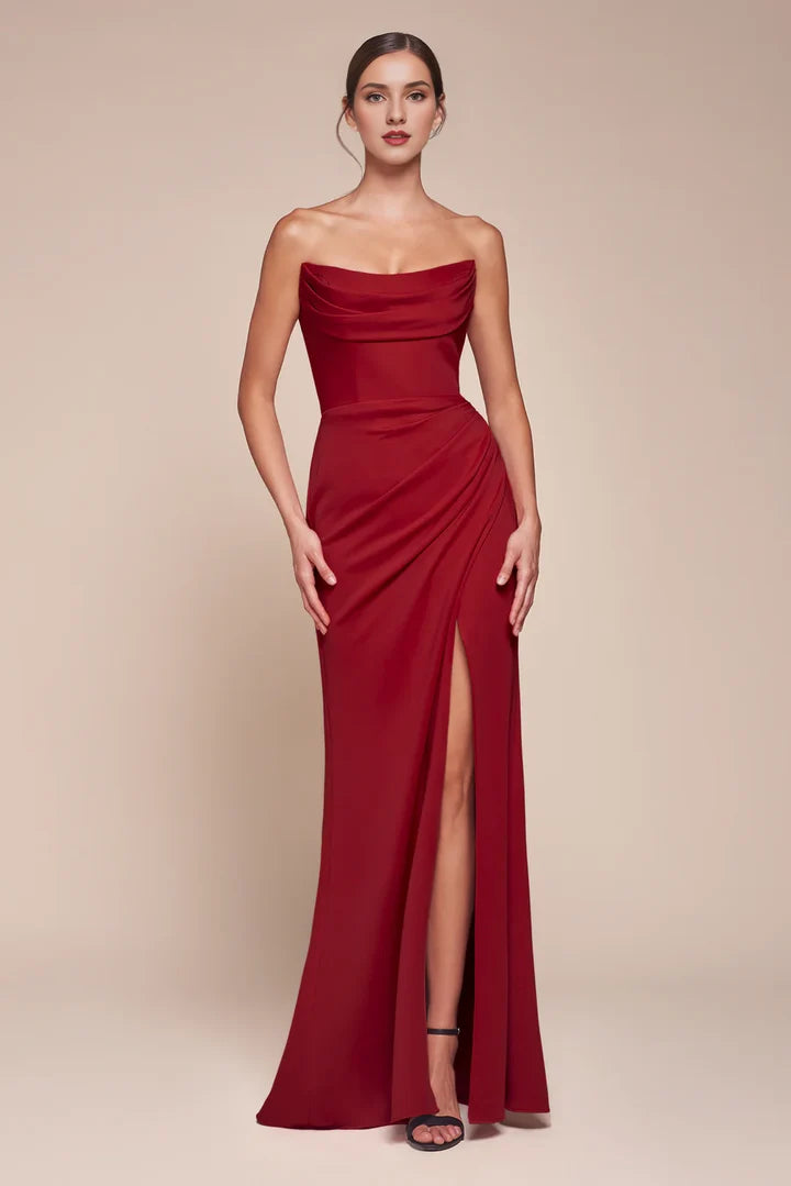Red Strapless Cowl Neck Lace-Up High-Slit Mermaid Evening Dress