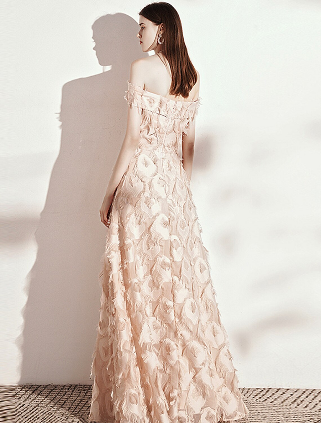 Evening Gown Minimalist Dress Formal Evening Floor Length Short Sleeve Off Shoulder Nylon with Feather