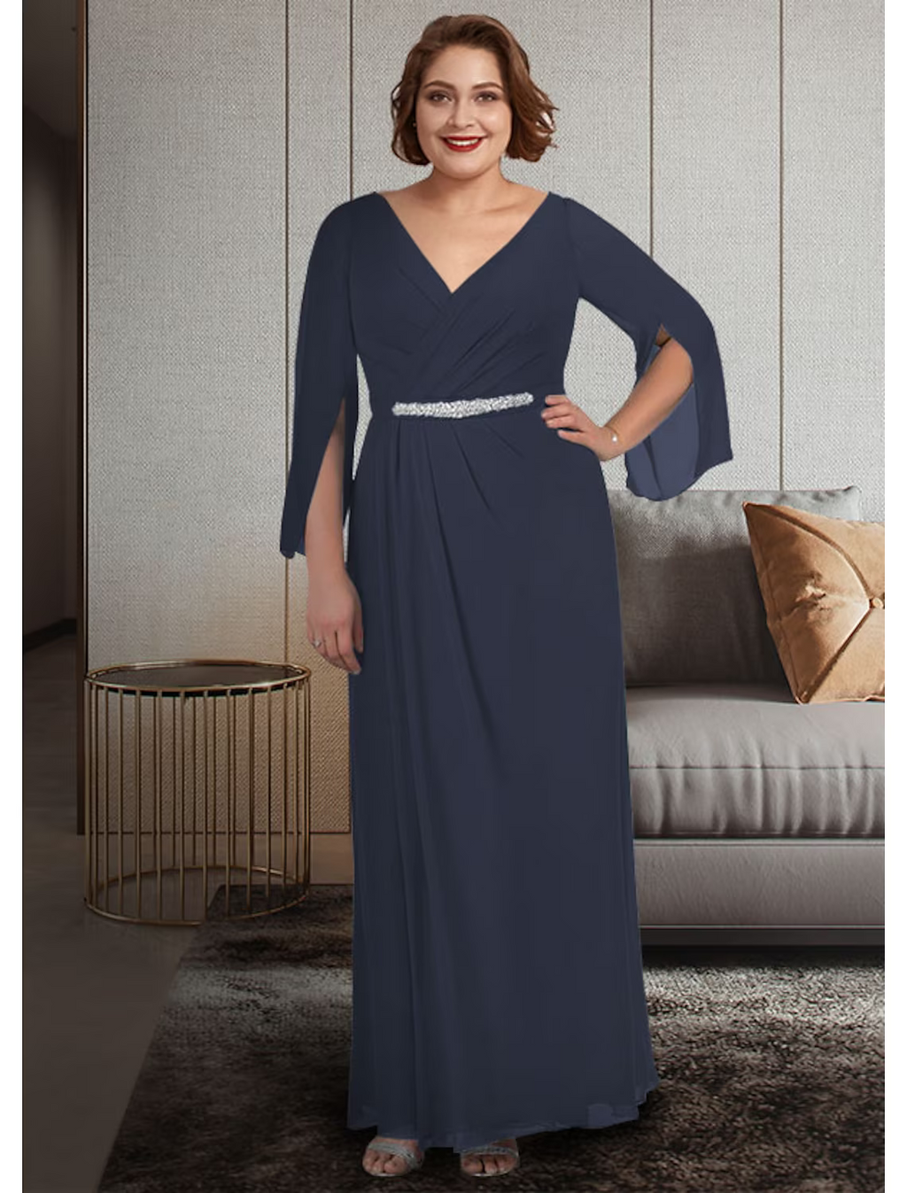 Mother of the Bride Dress Plus Size Elegant V Neck Ankle Length Sleeve with Ruching