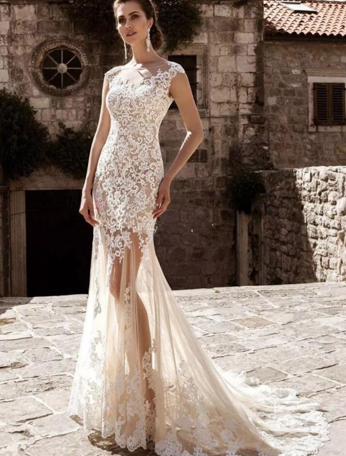 Engagement Formal Wedding Dresses Court Train Cap Sleeve Jewel Neck With Appliques