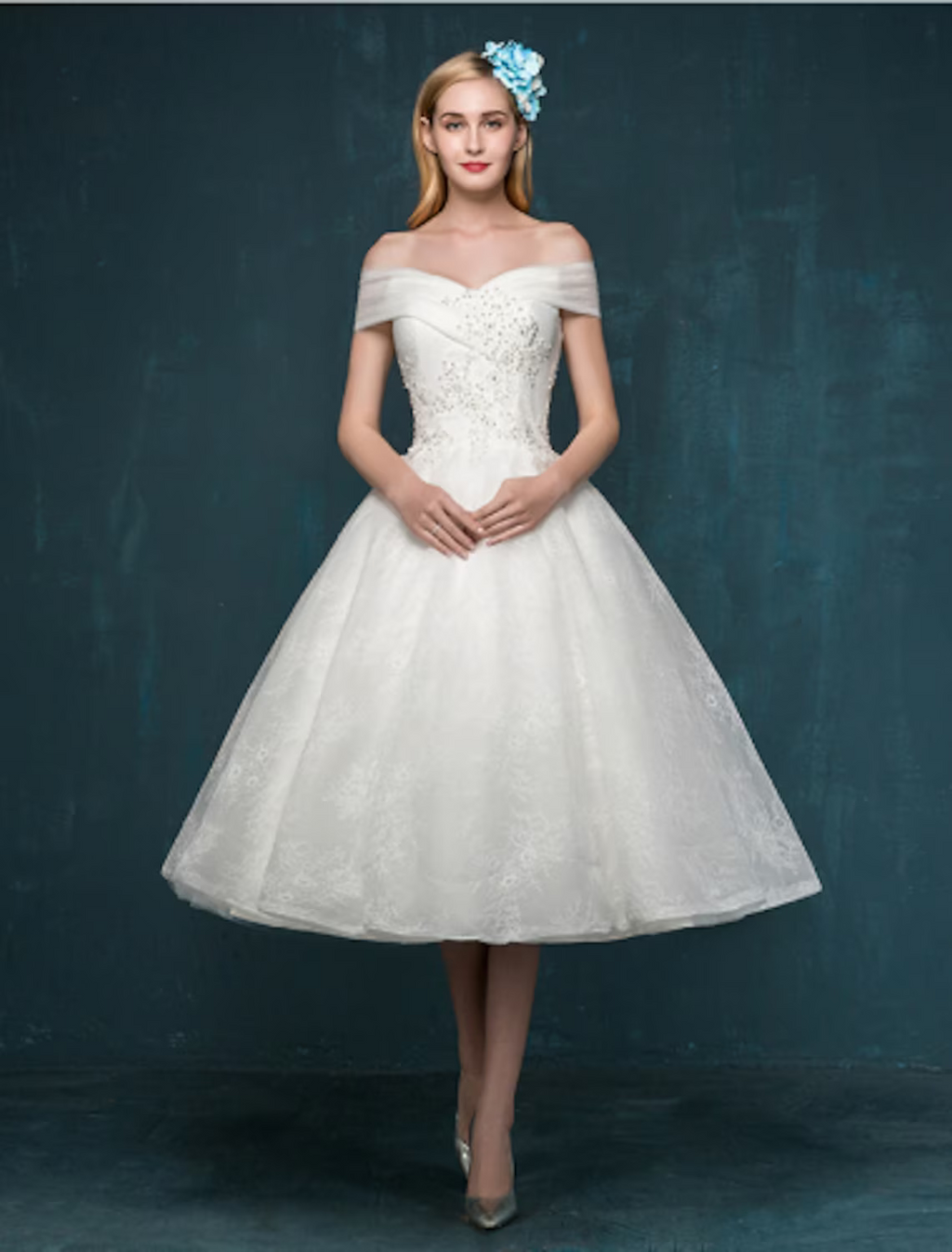 White Little Dresses Wedding Dresses Tea Length A-Line Short Sleeve Off Shoulder Beaded With Beading