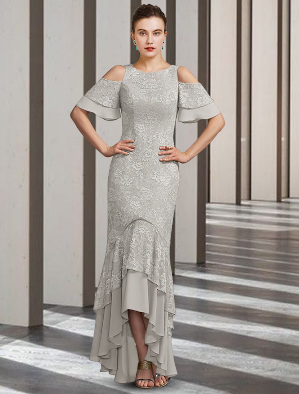 Mother of the Bride Dress Elegant High Low Floor Length Short Sleeve with Ruffles