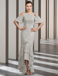 Mother of the Bride Dress Elegant High Low Floor Length Short Sleeve with Ruffles