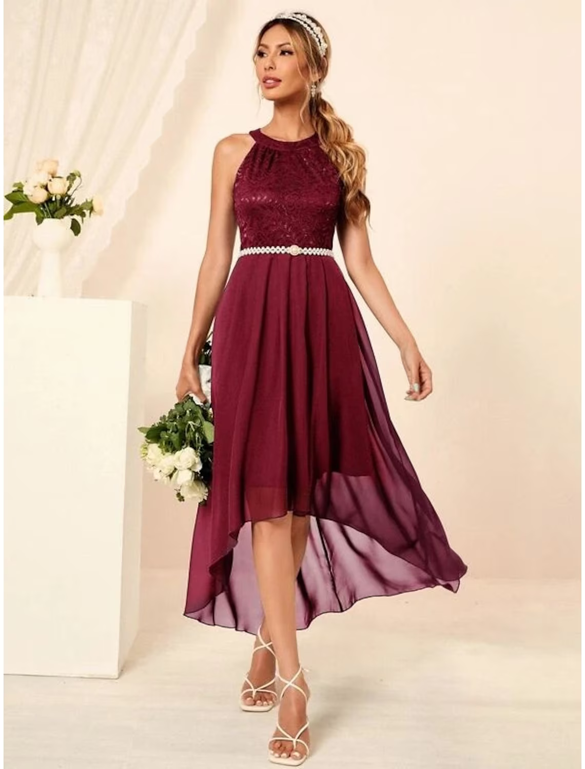 Minimalist Elegant Party Wear Cocktail Party Dress Halter Neck Sleeveless Asymmetrical Nylon with Pleats
