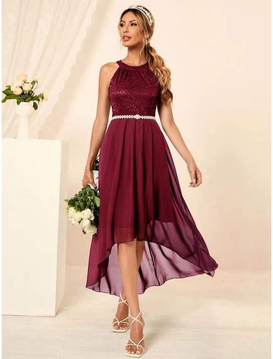 Elegant Red A-Line Halter-Neck Sleeveless Classic-Back Mini-Length Prom Dress