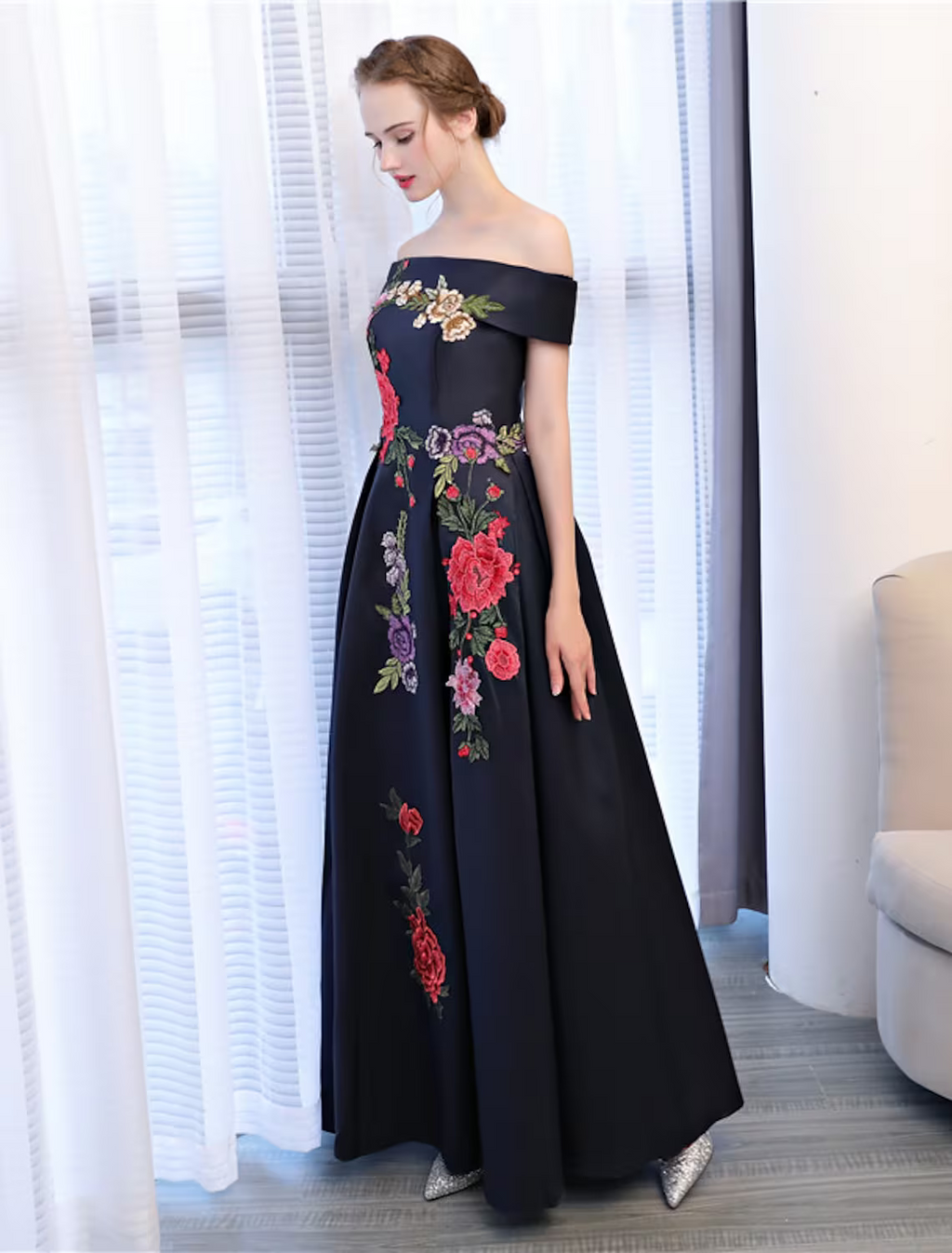 Floral Dress Wedding Guest Floor Length Sleeveless Off Shoulder with Embroidery Appliques
