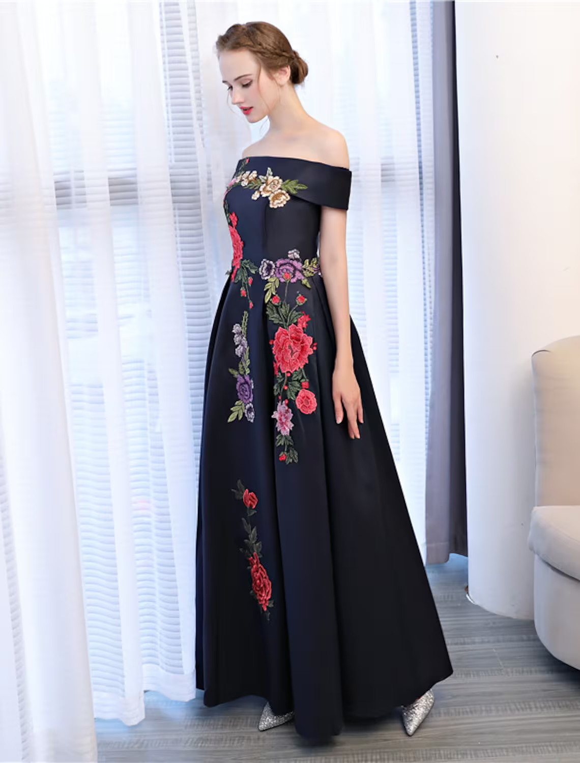 Floral Dress Wedding Guest Floor Length Sleeveless Off Shoulder with Embroidery Appliques