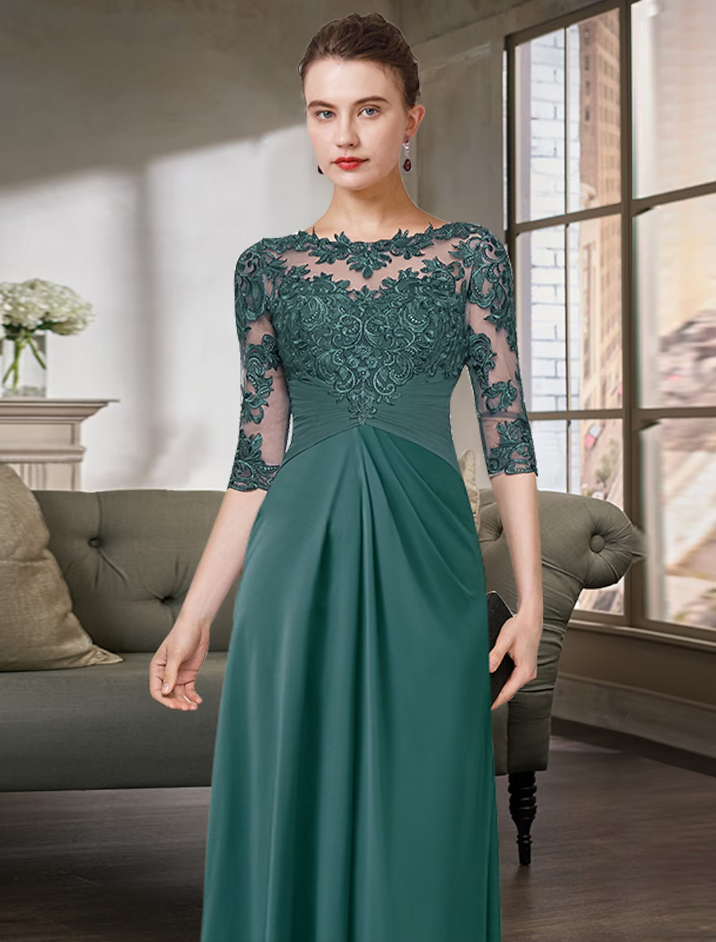 Mother of the Bride Dress Simple Elegant Floor Length Half Sleeve with Pleats
