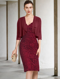 Two Piece Mother of the Bride Dress Formal Wedding Guest Party Elegant Off Shoulder Knee Length Short Sleeve with Appliques