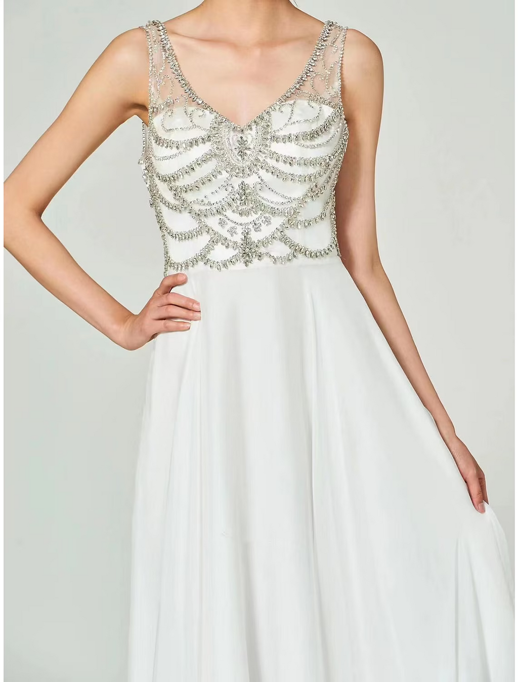 Evening Gown Open Back Dress Formal Floor Length Sleeveless V Neck with Rhinestone