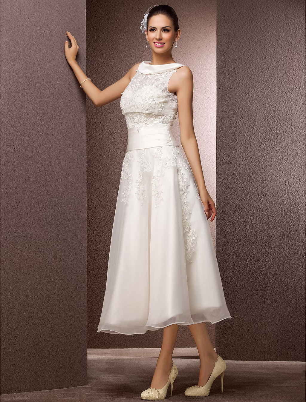 Hall Wedding Dresses Tea Length A-Line Regular Straps Bateau Neck With Pearl Beading