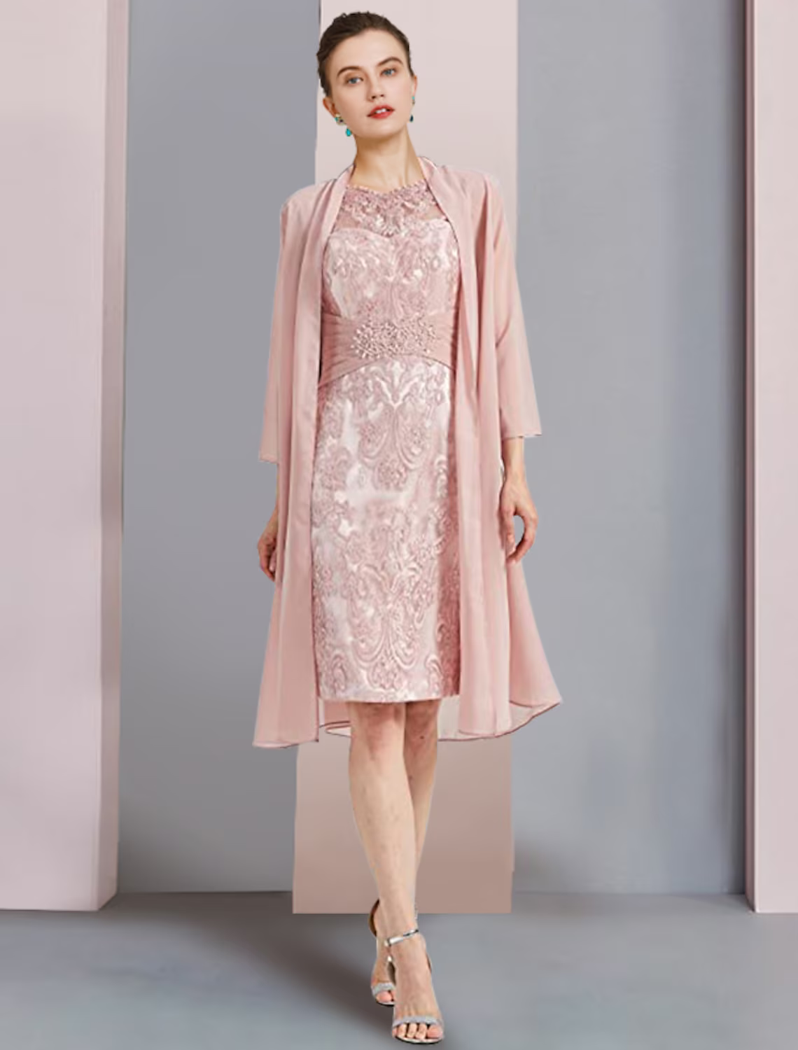 Mother of the Bride Dress Formal Wedding Guest Elegant Scoop Neck Knee Length Sleeveless Dresses with Beading Appliques