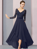 Mother of the Bride Dress Wedding Guest Vintage Elegant V Neck Asymmetrical Long Sleeve with Pleats