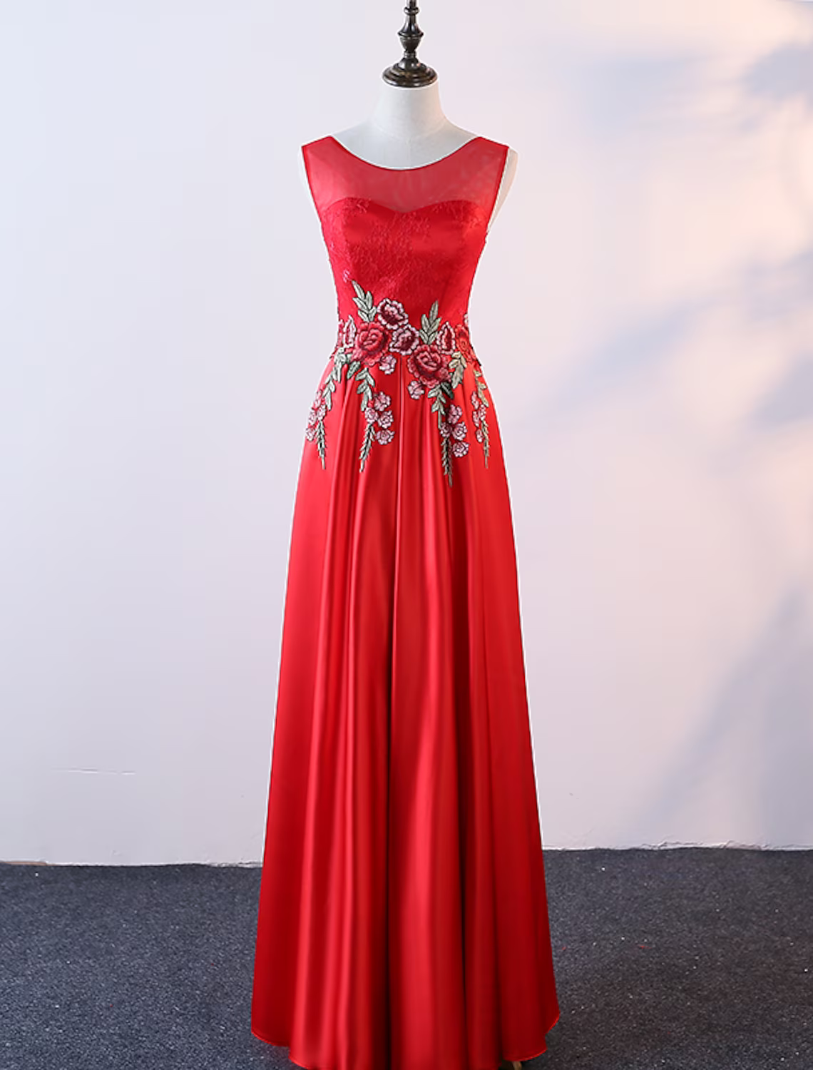 Evening Gown Elegant Dress Prom Floor Length Sleeveless Jewel Neck with Embroidery Appliques