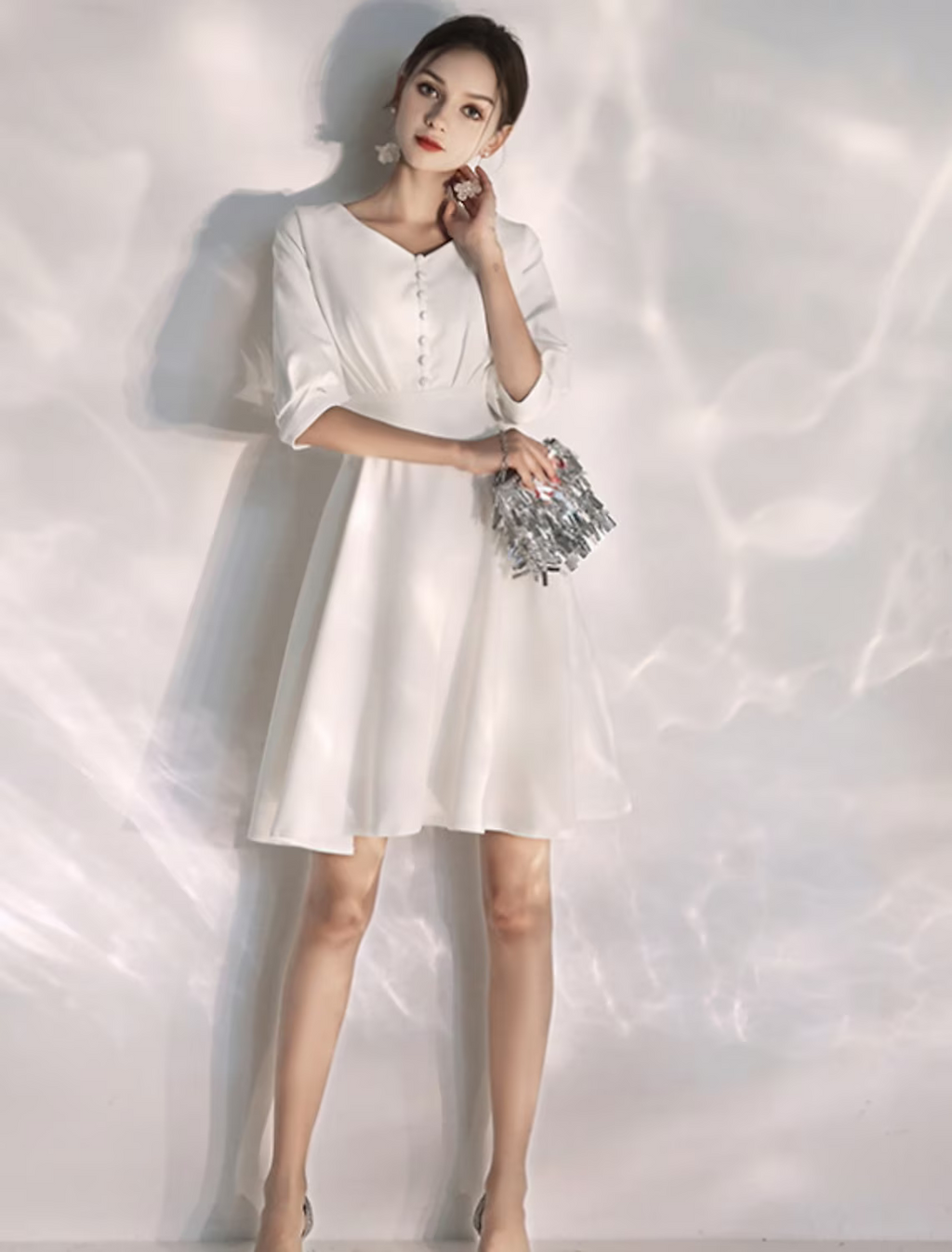 White Bachelorette Party Little Dresses Wedding Dresses Knee Length A-Line Half Sleeve V Neck Fabric