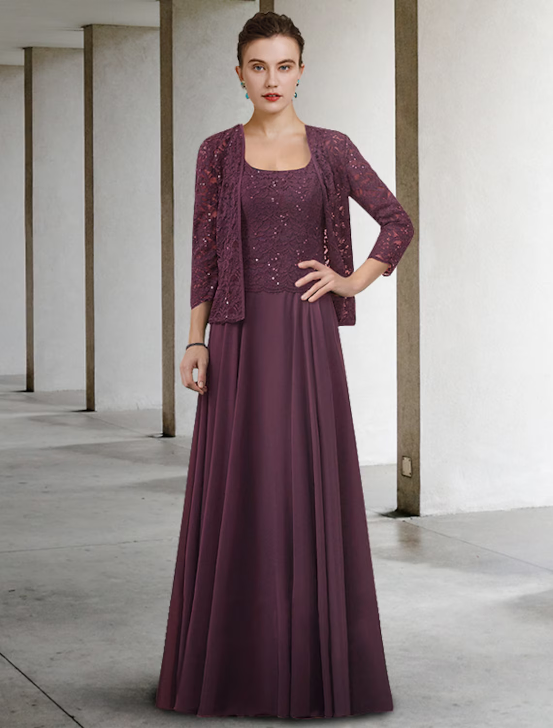 Two Piece A-Line Mother of the Bride Dress Elegant Floor Length Half Sleeve with Pleats