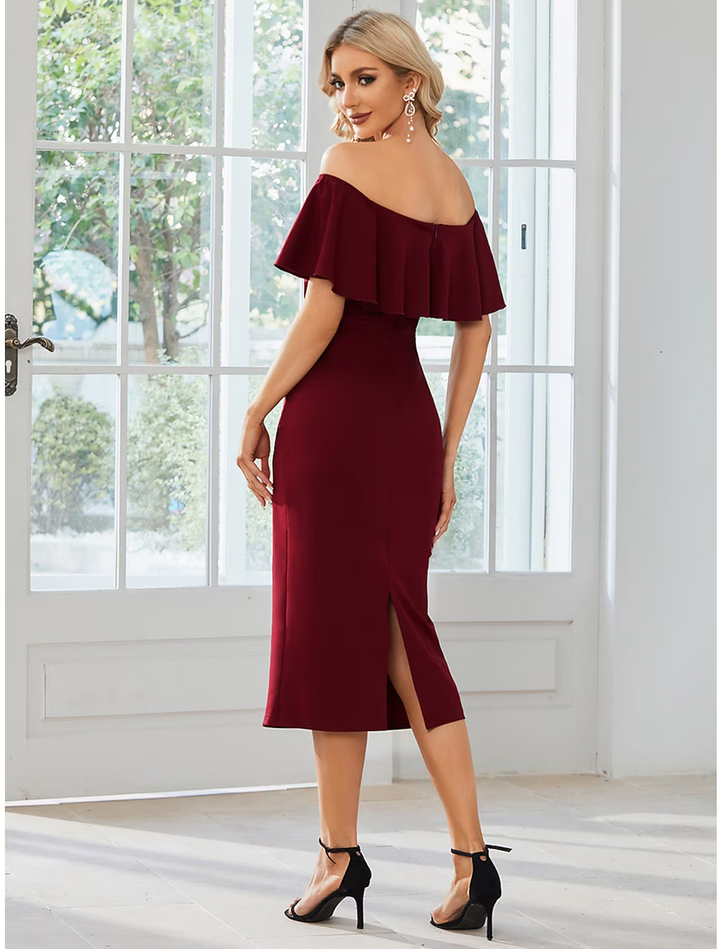 Wedding Guest Dresses Dress Party Wear Tea Length Short Sleeve Off Shoulder Fabric with Slit