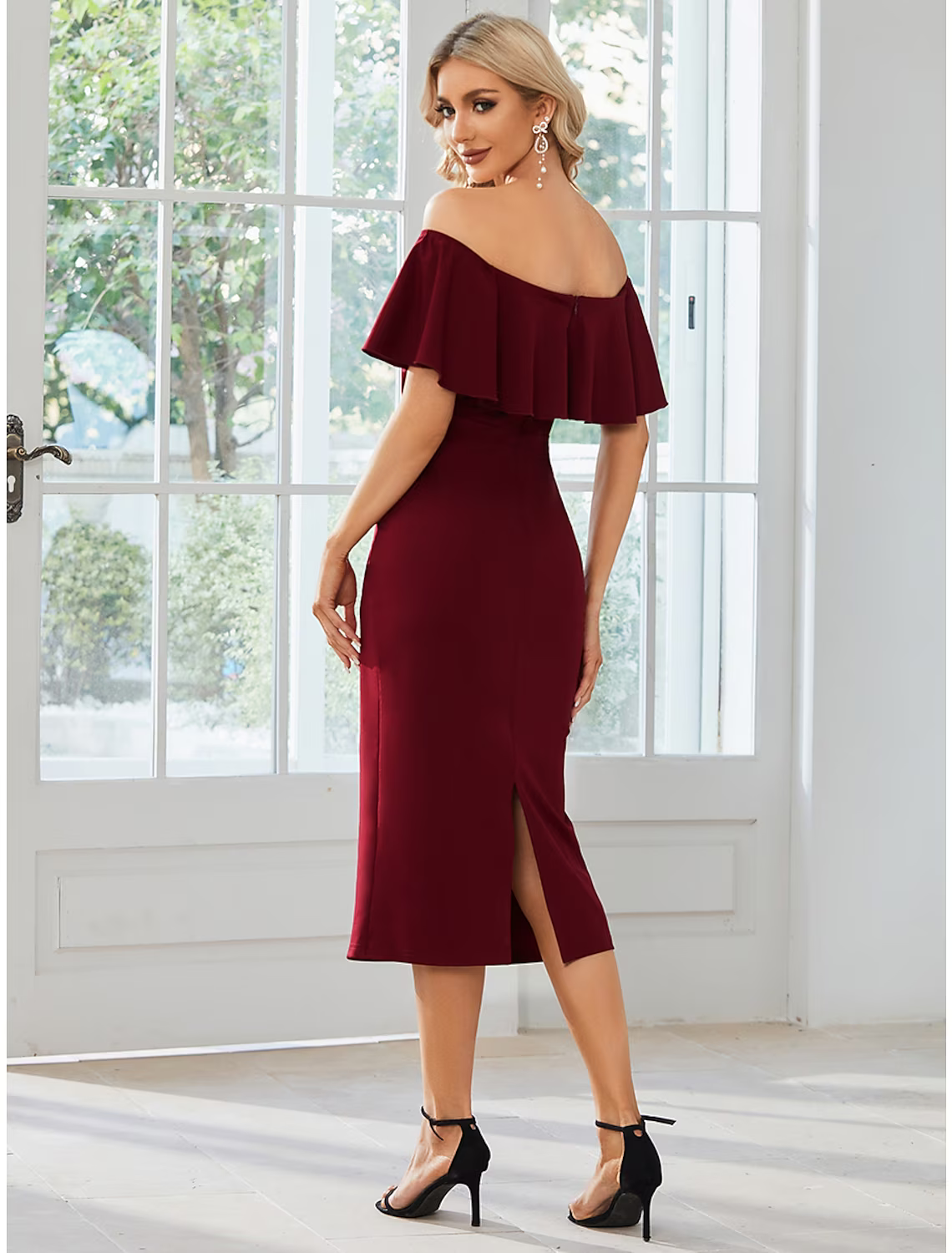 Wedding Guest Dresses Dress Party Wear Tea Length Short Sleeve Off Shoulder Fabric with Slit