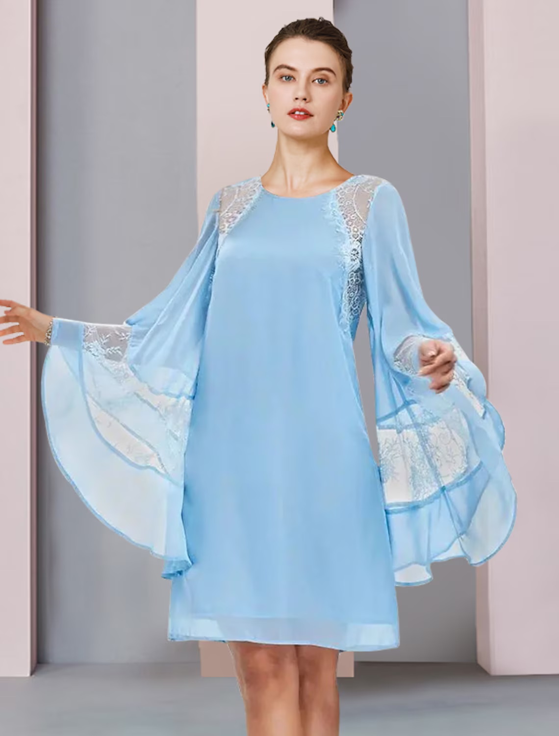 Mother of the Bride Dress Formal Wedding Guest Plus Size Elegant Jewel Neck Short Mini Long Sleeve with Ruffles