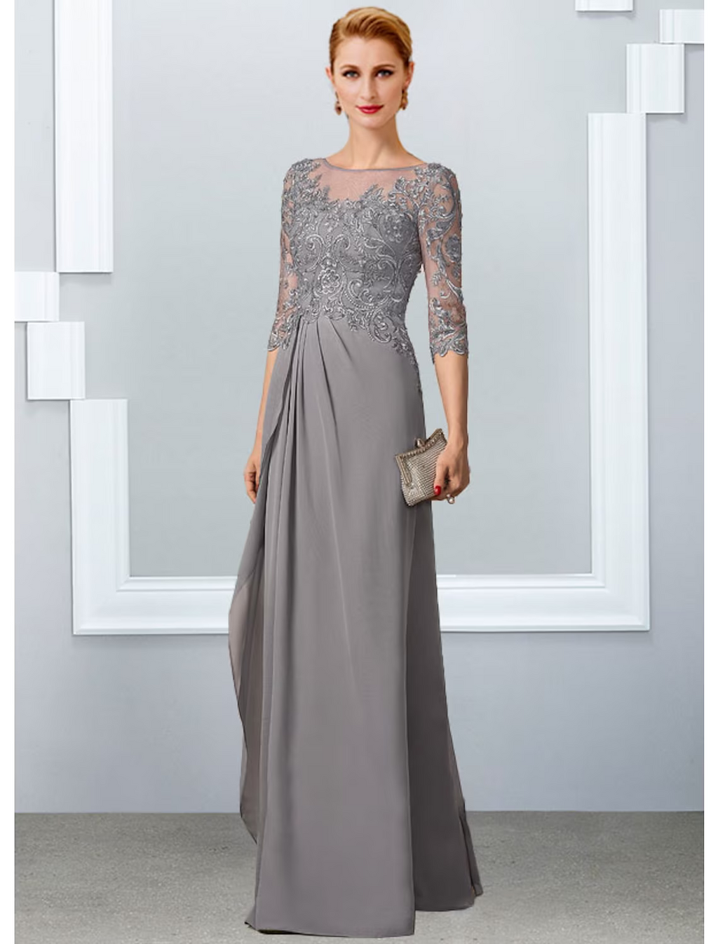 Mother of the Bride Dress Elegant Floor Length Half Sleeve with Appliques