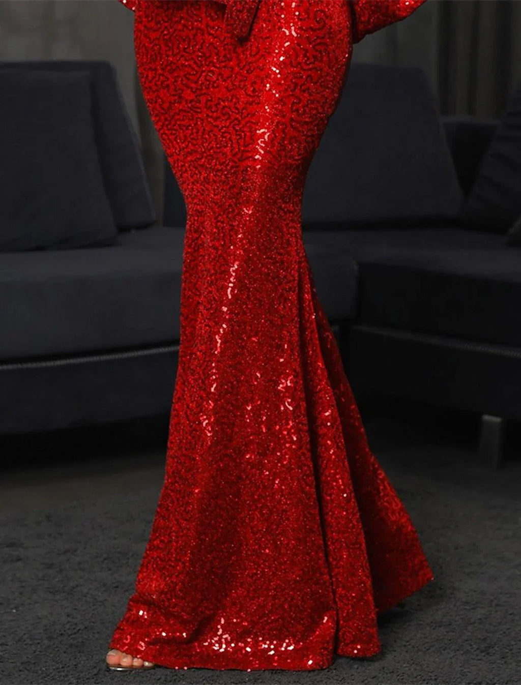 Green Mermaid Evening Gown Sparkle Christmas Red Dress Dress Formal Wedding Guest Floor Length Long Sleeve V Neck Fall Wedding Reception with Bow(s)