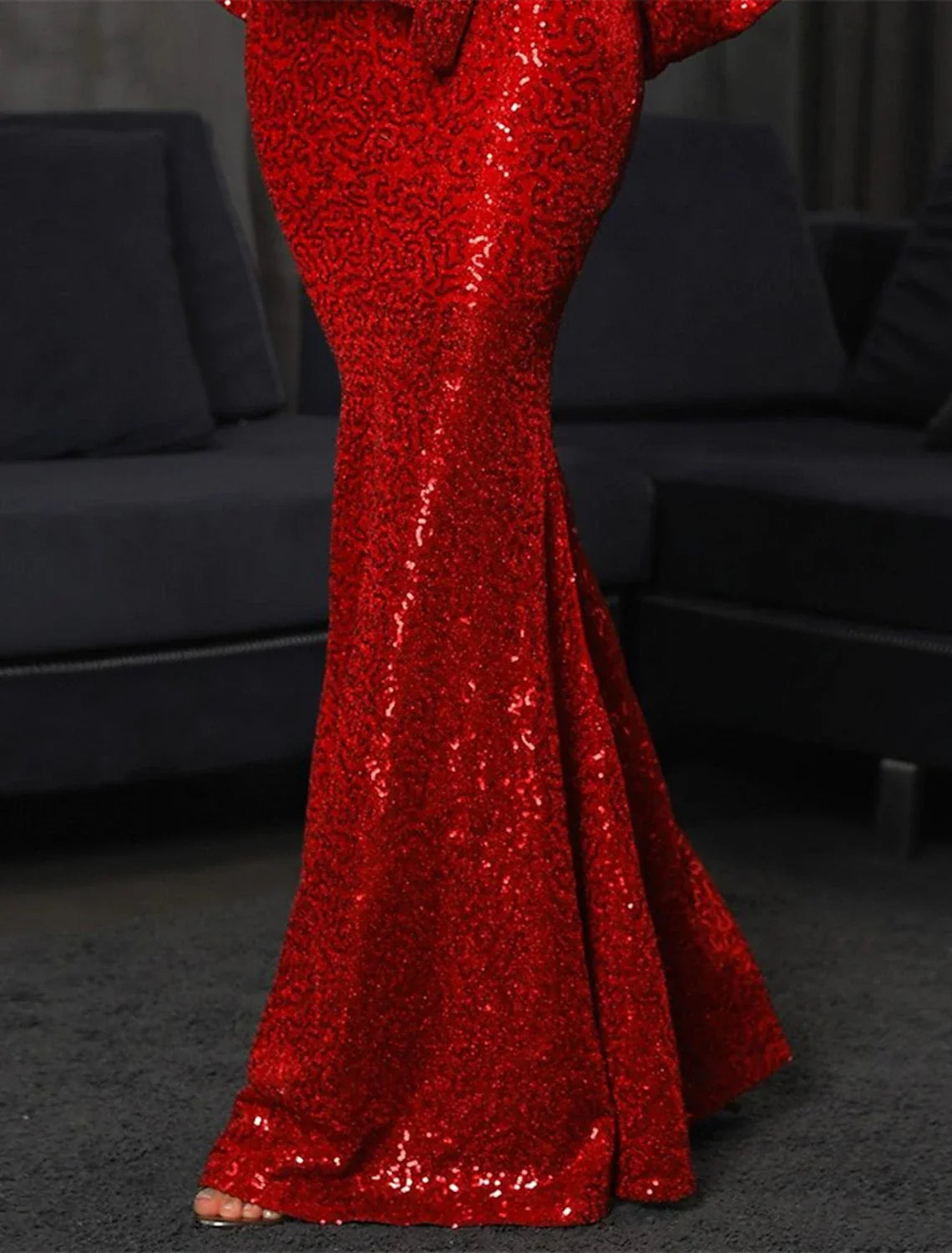 Green Mermaid Evening Gown Sparkle Christmas Red Dress Dress Formal Wedding Guest Floor Length Long Sleeve V Neck Fall Wedding Reception with Bow(s)