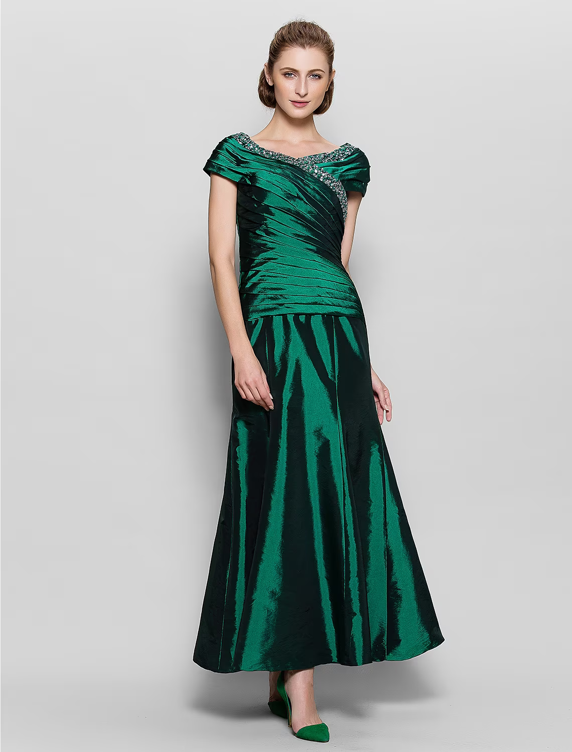 Mother of the Bride Dress Vintage Inspired V Neck Ankle Length Short Sleeve with Beading Side Draping