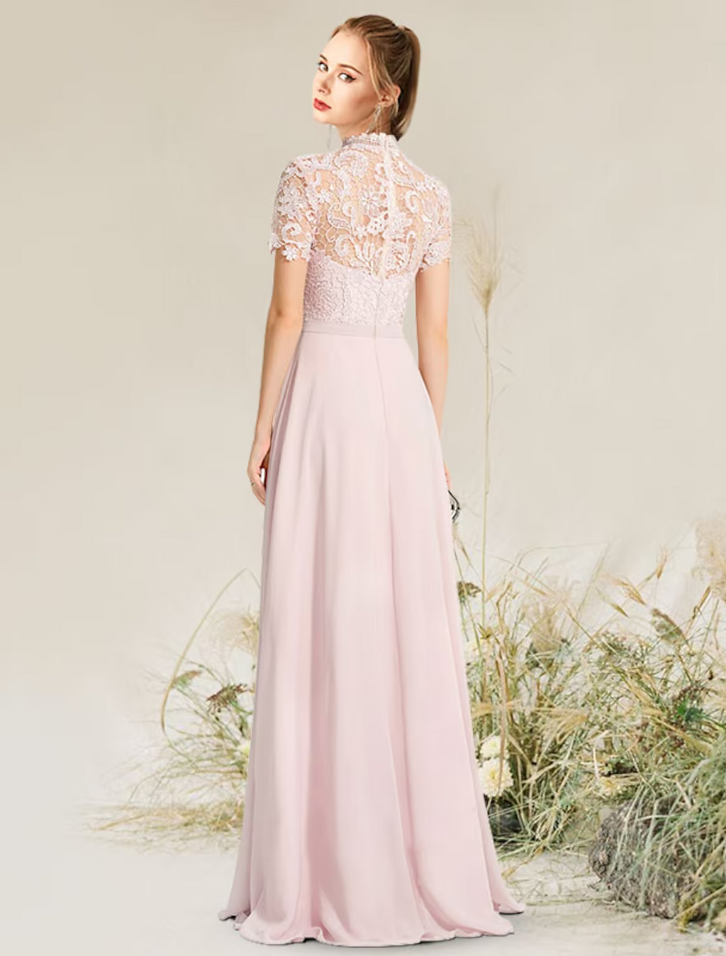 Evening Gown Empire Dress Engagement Floor Length Short Sleeve High Neck with Pleats