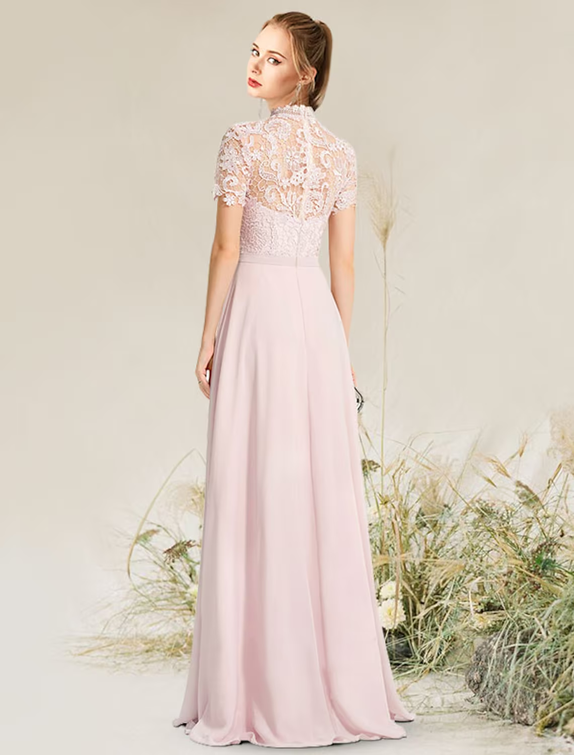 Evening Gown Empire Dress Engagement Floor Length Short Sleeve High Neck with Pleats