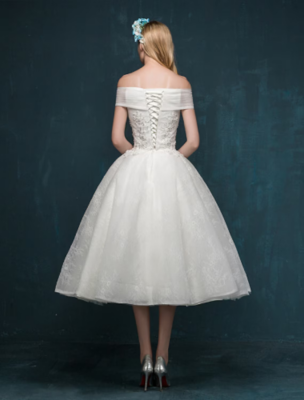 White Little Dresses Wedding Dresses Tea Length A-Line Short Sleeve Off Shoulder Beaded With Beading