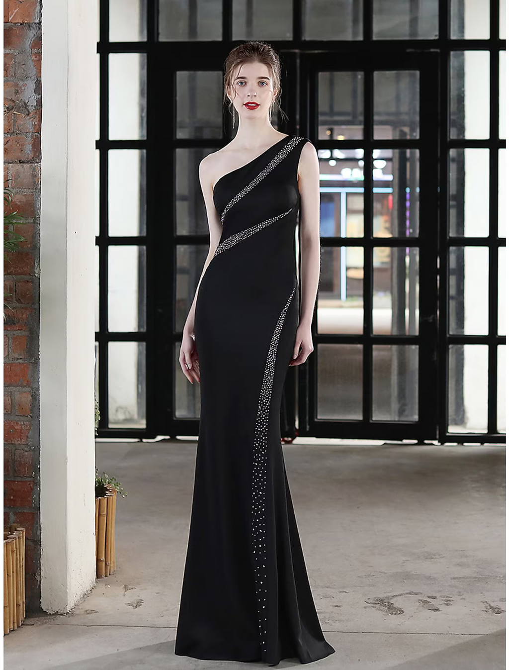 Evening Gown Sexy Dress Wedding Guest Floor Length Sleeveless One Shoulder with Crystals
