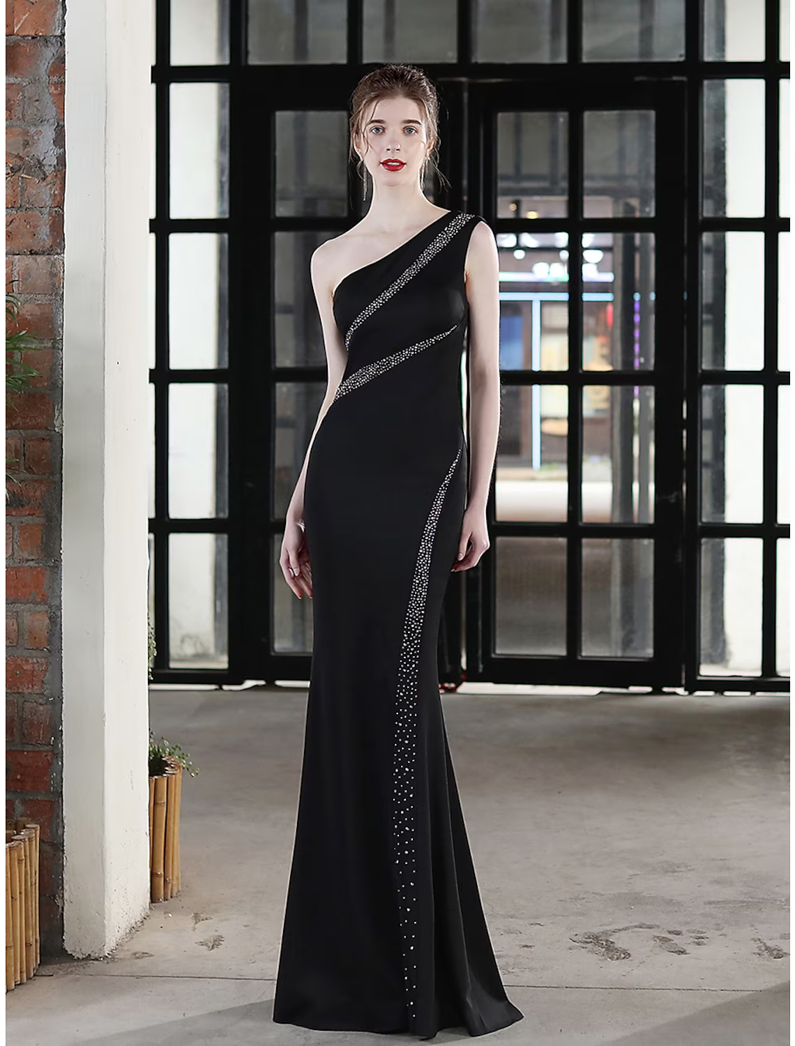 Evening Gown Sexy Dress Wedding Guest Floor Length Sleeveless One Shoulder with Crystals