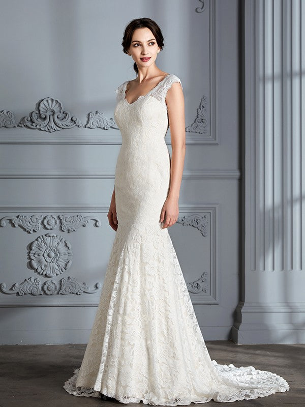 Trumpet/Mermaid Sleeveless V-Neck Sweep/Brush Train Wedding Dresses
