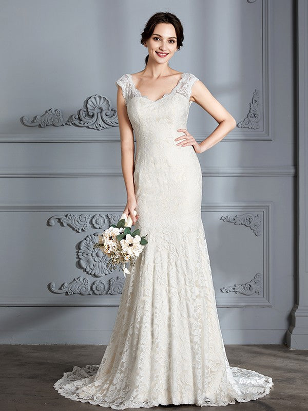 Trumpet/Mermaid Sleeveless V-Neck Sweep/Brush Train Wedding Dresses