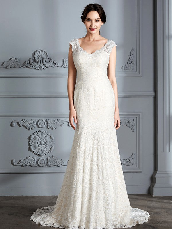 Trumpet/Mermaid Sleeveless V-Neck Sweep/Brush Train Wedding Dresses