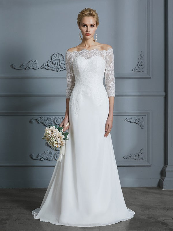 Trumpet/Mermaid 1/2 Sleeves Off-the-Shoulder Sweep/Brush Train Wedding Dresses