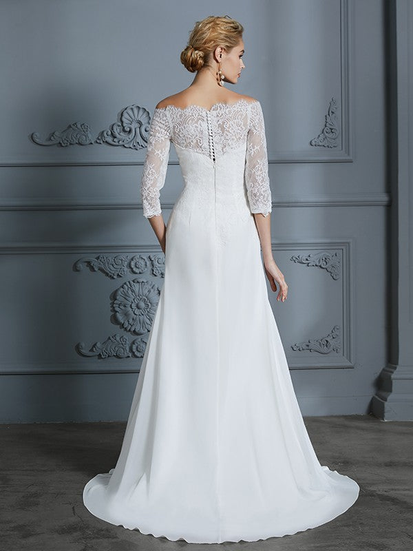 Trumpet/Mermaid 1/2 Sleeves Off-the-Shoulder Sweep/Brush Train Wedding Dresses