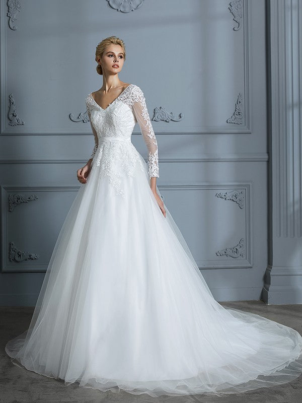 Ball Gown V-neck Long Sleeves Court Train Wedding Dresses