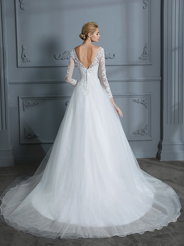 Ball Gown V-neck Long Sleeves Court Train Wedding Dresses