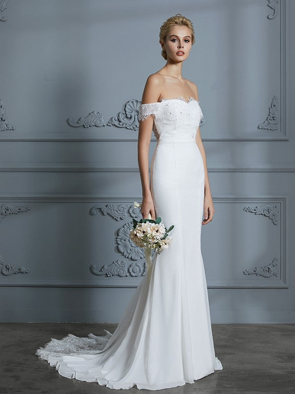 Trumpet/Mermaid Off-the-Shoulder Sleeveless Sweep/Brush Train Wedding Dresses