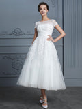 A-Line/Princess Scoop Short Sleeves Tea-Length Beading Wedding Dresses