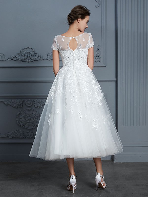 A-Line/Princess Scoop Short Sleeves Tea-Length Beading Wedding Dresses