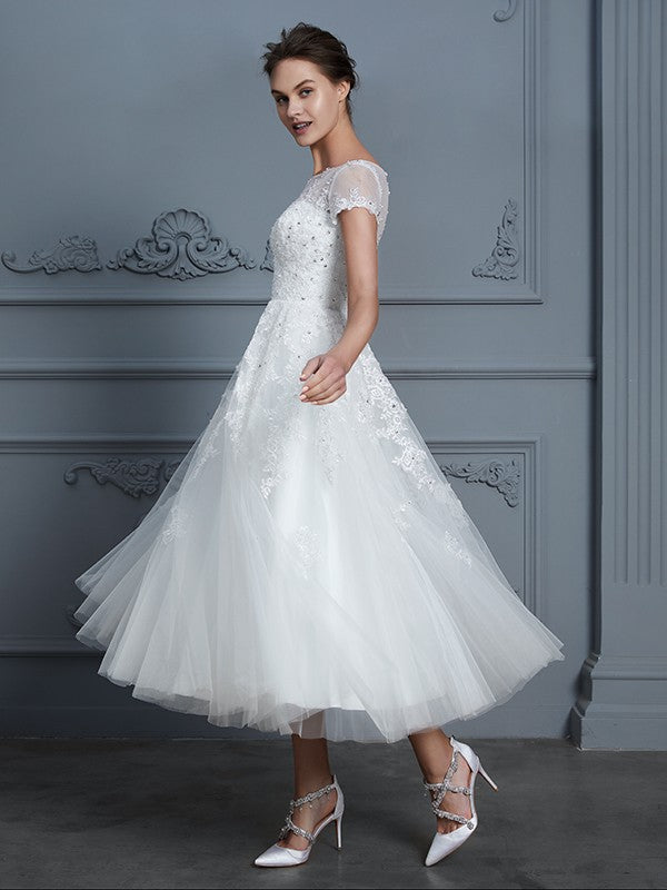 A-Line/Princess Scoop Short Sleeves Tea-Length Beading Wedding Dresses