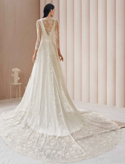 Elegant Red A-Line V-Neck Long-Sleeve Open-Back Floor-Length Wedding Dress