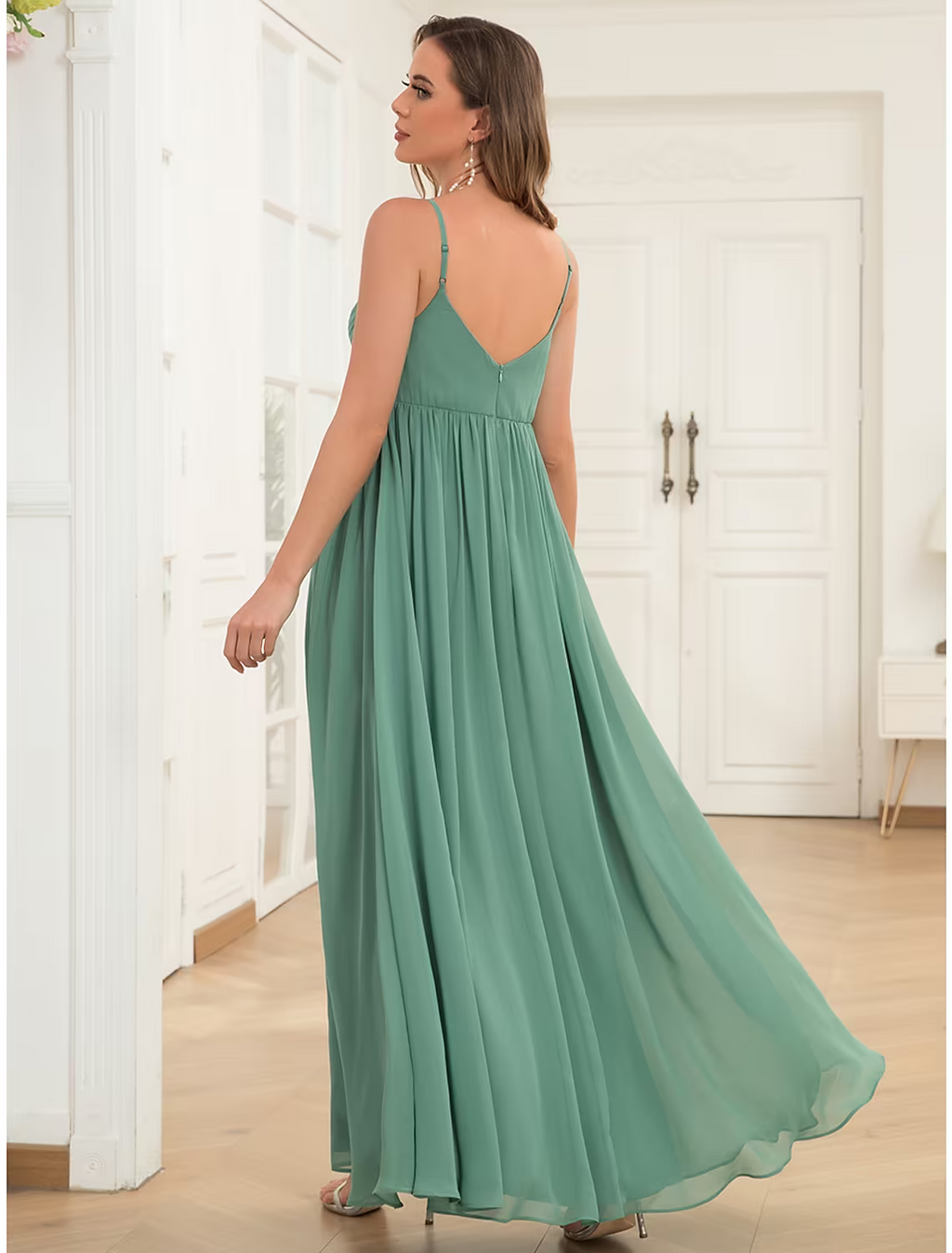 Evening Gown Maternity Dress Wedding Guest Floor Length Sleeveless V Neck V Back with Draping