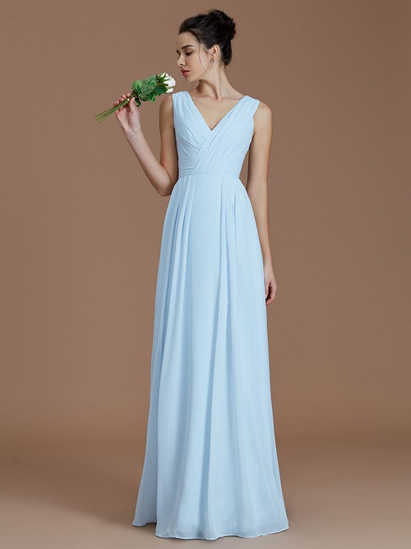 A-Line/Princess V-neck Sleeveless Ruched Floor-Length Bridesmaid Dresses