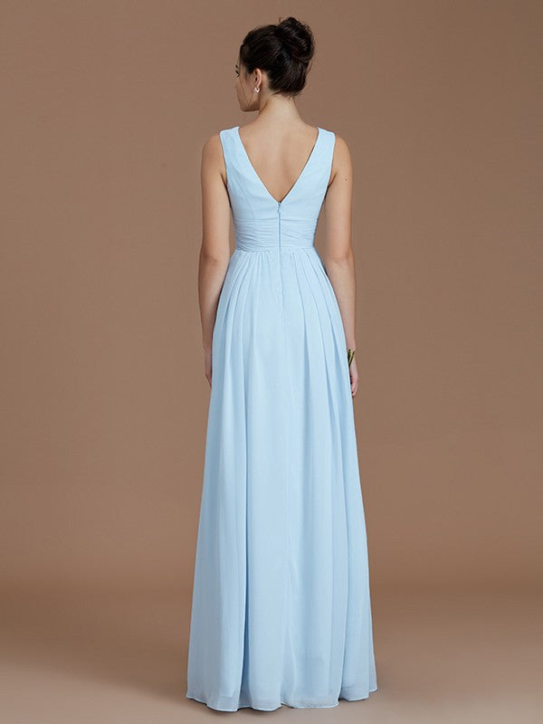 A-Line/Princess V-neck Sleeveless Ruched Floor-Length Bridesmaid Dresses