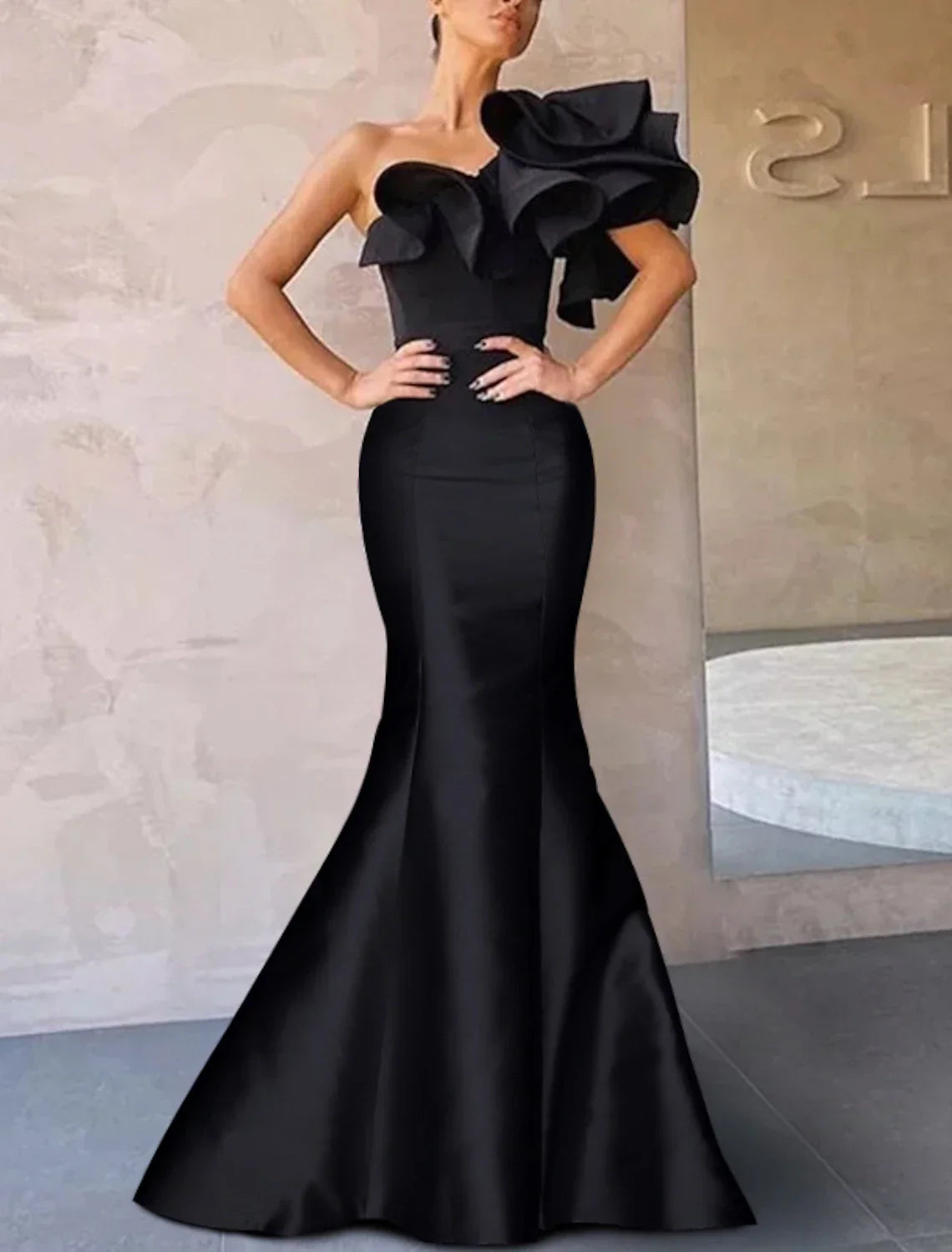Black Mermaid Dress Christmas Red Green Dress Evening Gown Corsets Dress Christmas Red Green Dress Formal Wedding Guest Floor Length Sleeveless One Shoulder Taffeta with Ruffles Shouder Flower